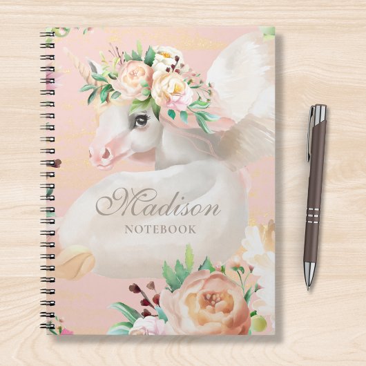 Girly Chic Waterverf Floral Unicorn gepersonalisee Notitieboek