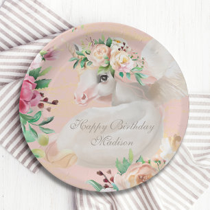 Girly Chic Waterverf Floral Unicorn gepersonalisee Papieren Bordje