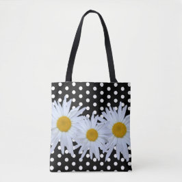 Girly Chic White Polka Dots Black Daisy Canvas tas