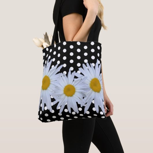 Girly Chic White Polka Dots Black Daisy Canvas tas (Dichtbij)
