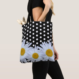 Girly Chic White Polka Dots Black Daisy Tote Bag
