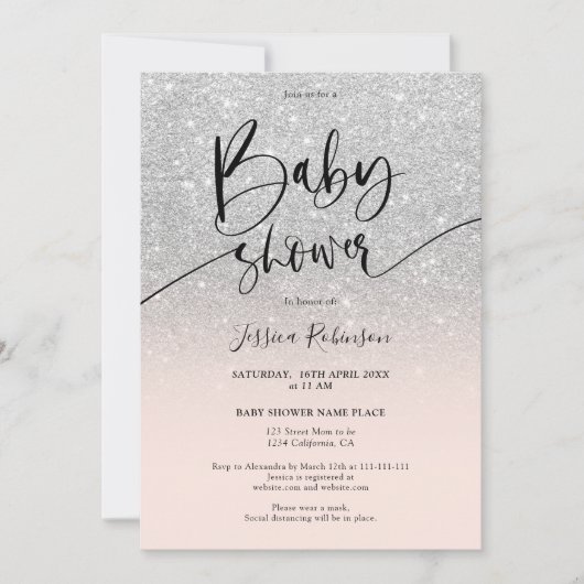 Girly chic zilveren glitter ombre roze baby shower kaart (Voorkant)