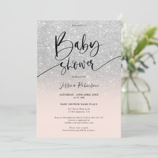 Girly chic zilveren glitter ombre roze baby shower kaart (Staand voorkant)