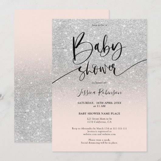 Girly chic zilveren glitter ombre roze baby shower kaart (Voorkant / Achterkant)