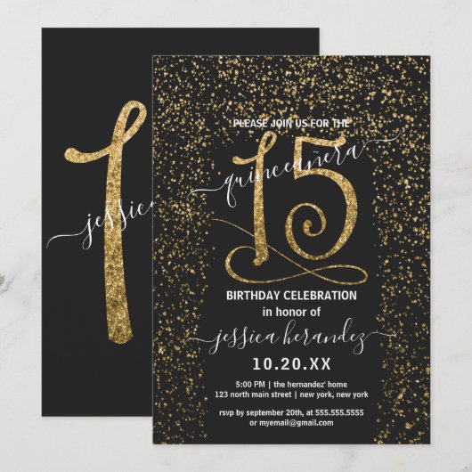 Girly Chic Zwart Goud Confetti Border Quinceañera Kaart (Voorkant / Achterkant)