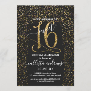 Girly Chic Zwart Goud Confetti Border Sweet 16 Kaart