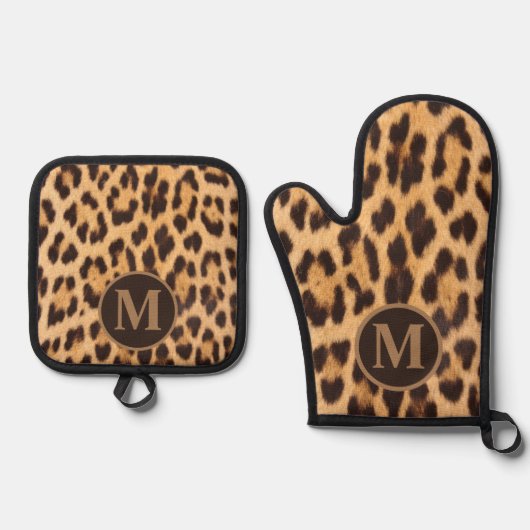 Girly chique dierenprint luipaard monogram initial ovenwant & pannenlap set (Voorkant)