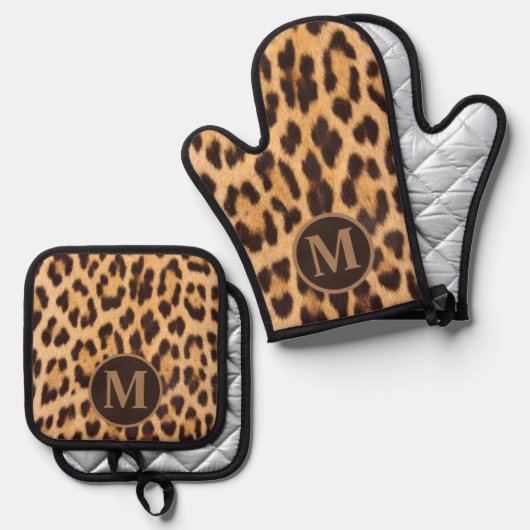 Girly chique dierenprint luipaard monogram initial ovenwant & pannenlap set (Voorkant / Achterkant)