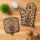 Girly chique dierenprint luipaard monogram initial ovenwant & pannenlap set (Top down)