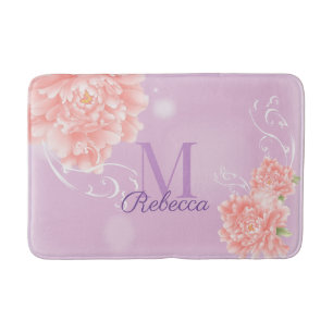 girly Chique florale paarse roze pioen monogram Badmat