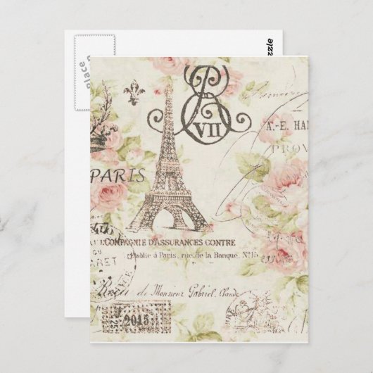 Girly chique romantische bloemenparijs eiffeltoren briefkaart (Voorkant / Achterkant)