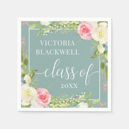 Girly Class of 2022 Greenery Flowers Afstuderen Servet (Voorkant)