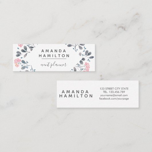 Girly Classy Waterverf lijst Bouquet roze grijs Mini Visitekaartje (Voorkant / Achterkant)