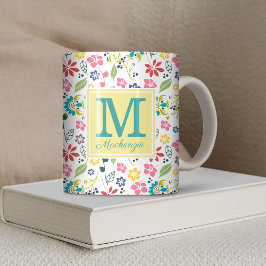 Girly Colorful Bohemian Spring Flowers Monogram Koffiemok