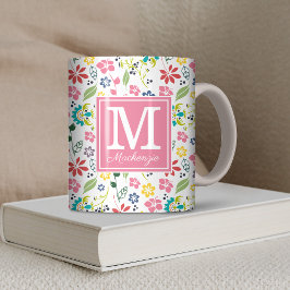Girly Colorful Bohemian Spring Flowers Monogram Koffiemok