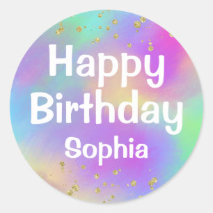 Girly Colorful Happy Birthday Unicorn Gold Glitter Ronde Sticker