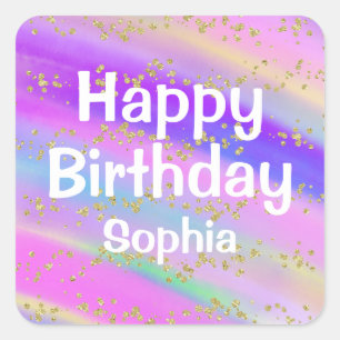 Girly Colorful Happy Birthday Unicorn Gold Glitter Vierkante Sticker