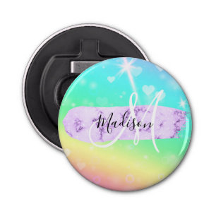 Girly Colorful Unicorn Rainbow Hearts Monogram Button Flesopener