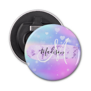 Girly Colorful Unicorn Rainbow Hearts Monogram Button Flesopener
