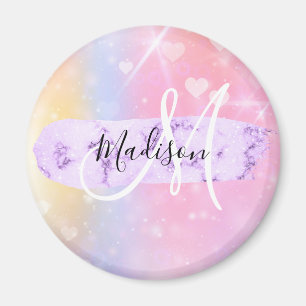 Girly Colorful Unicorn Rainbow Hearts Monogram Magneet