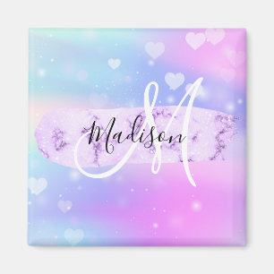 Girly Colorful Unicorn Rainbow Hearts Monogram Magneet