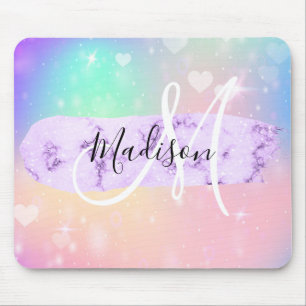 Girly Colorful Unicorn Rainbow Hearts Monogram Muismat