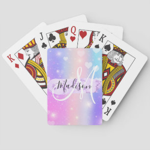 Girly Colorful Unicorn Rainbow Hearts Monogram Pokerkaarten