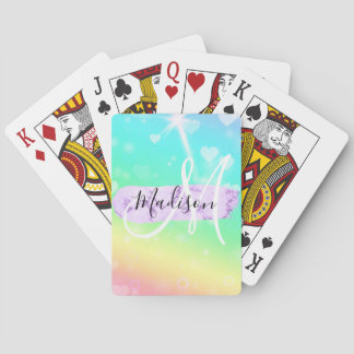 Girly Colorful Unicorn Rainbow Hearts Monogram Pokerkaarten