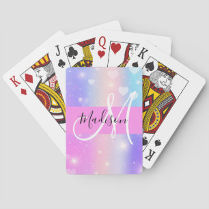 Girly Colorful Unicorn Rainbow Hearts Monogram Pokerkaarten