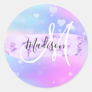 Girly Colorful Unicorn Rainbow Hearts Monogram Ronde Sticker