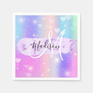 Girly Colorful Unicorn Rainbow Hearts Monogram Servet