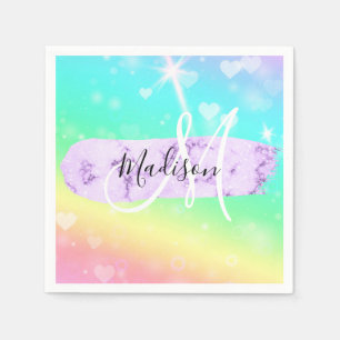 Girly Colorful Unicorn Rainbow Hearts Monogram Servet