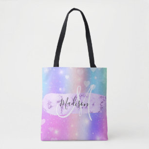 Girly Colorful Unicorn Rainbow Hearts Monogram Tote Bag