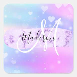 Girly Colorful Unicorn Rainbow Hearts Monogram Vierkante Sticker