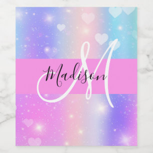Girly Colorful Unicorn Rainbow Hearts Monogram Wijn Etiket