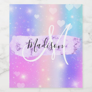Girly Colorful Unicorn Rainbow Hearts Monogram Wijn Etiket