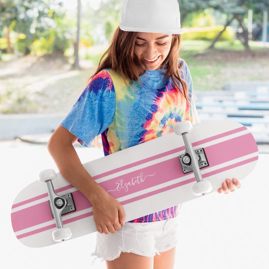 Girly Cool Pink White Racing Stripes Monogramed Persoonlijk Skateboard