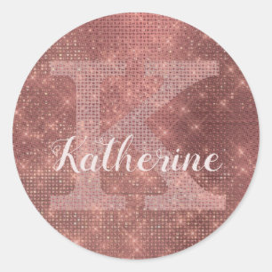 Girly Copper Diamond Sparkle Glam Monogram Ronde Sticker