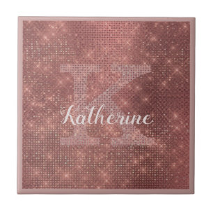 Girly Copper Diamond Sparkle Glam Monogram Tegeltje