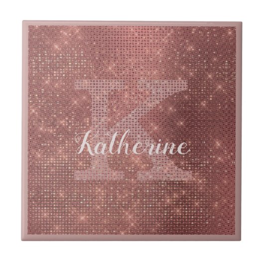 Girly Copper Diamond Sparkle Glam Monogram Tegeltje (Voorkant)