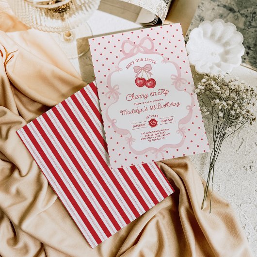 Girly Coquette Cherry First 1st Birthday Party Kaart