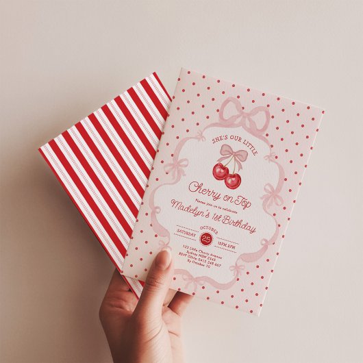 Girly Coquette Cherry First 1st Birthday Party Kaart