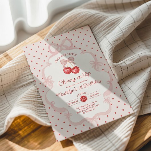 Girly Coquette Cherry First 1st Birthday Party Kaart