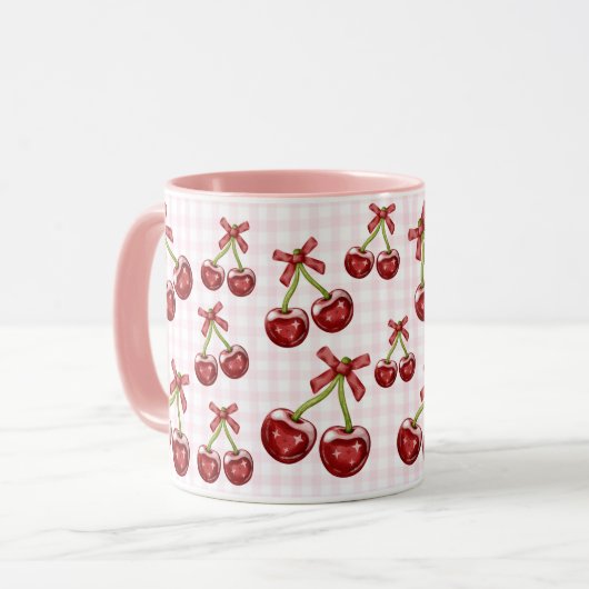 Girly Coquette Pink Gingham Red Cherry Mok (Voorkant links)