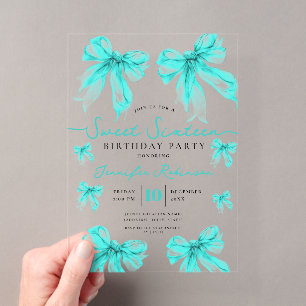 Girly Coquette Strik Verjaardag Turquoise Acryl Uitnodigingen