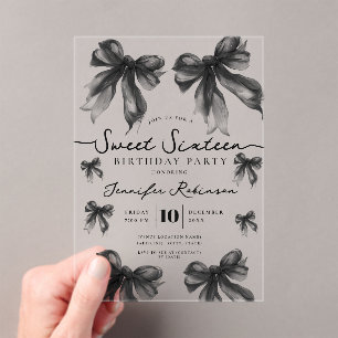 Girly Coquette Strik Zwart Sweet 16 Verjaardag Acryl Uitnodigingen