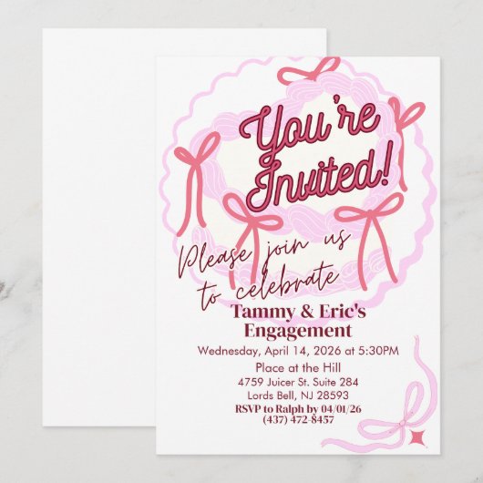 Girly Coquette Uitnodiging | Roze strikken (Voorkant / Achterkant)