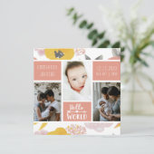 Girly Coral Floral Bold Photo Collage Birth Aankondiging (Staand voorkant)