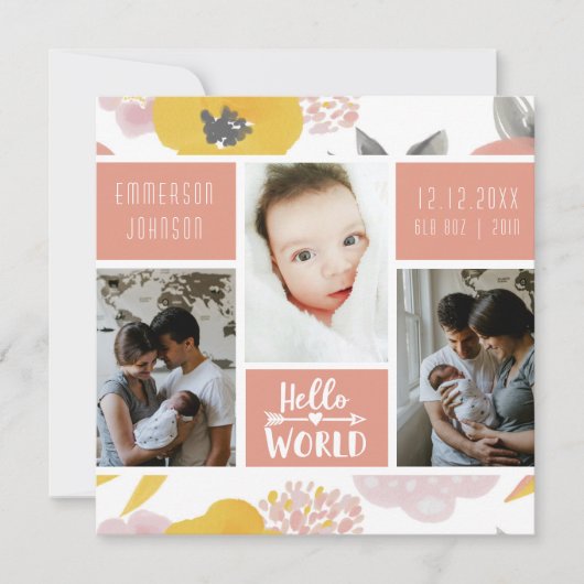 Girly Coral Floral Bold Photo Collage Birth Aankondiging (Voorkant)