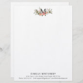 Girly Coral Floral Waterverf Boho | Monogram Briefhoofd (Voorkant / Achterkant)